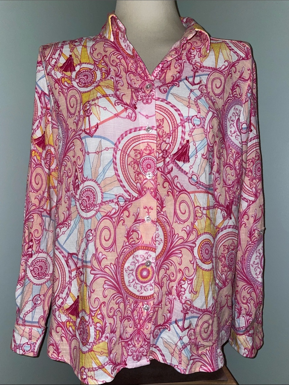 Jane + Delancey Women's Pink Nautical Patterned Button-Up Blouse. Size M